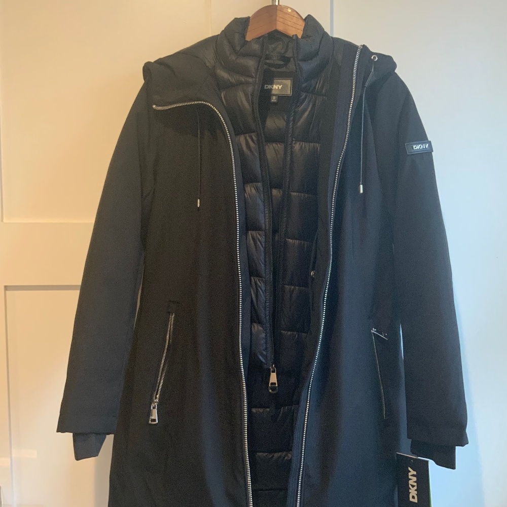 NWT - Longline Womens Hooded Bibbed Zip-Front Puffer Coat/Jacket Black - XS